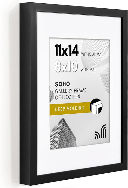 Americanflat 11x14 Picture Frame with Shatter-Resistant Glass - Use as 8x10 Frame with Mat or Display 11x14 Photo Without Mat - Soho Collection - Deep Molding Picture Frames for Wall Display - Black
