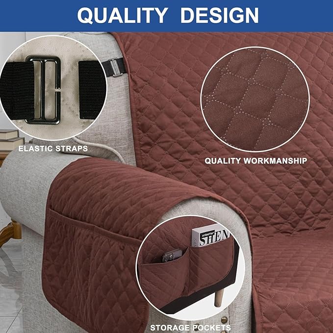 XINEAGE Quilted Sofa Cover Waterproof Couch Covers for 3 Cushion Couch, Super Soft Washable Slipcover with Pockets & Non-Slip Elastic Straps, Thick Furniture Protector (Sofa, Coffee)