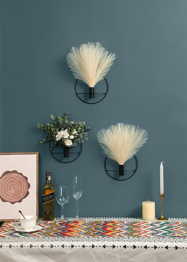 Pretty Jolly Boho Wall Decor - Hanging Artificial Pampas Display for Living Room, Bedroom, Bathroom, Dining Room - Wall-Mounted Metal Art Plant Decor, 2 Pack Black