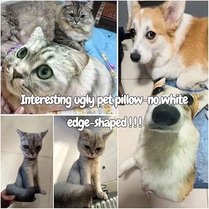FETNHU Customized Ugly Pet Pillow - DIY Abstract Personalized Funny Cute Cat Dog Pillow - No White Edges, Stuffed Animals of Your Pet, Funny Gifts for Friends