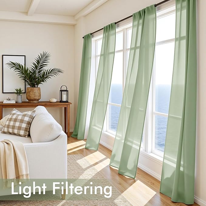 MIULEE Sage Green Sheer Curtains 96 Inches Long, 4 Panels Set, Light Filtering Rod Pocket Voile Drapes Window Treatments, Semi Transparent Airy Fabric for Bedroom and Living Room, 42 x 96 Inches