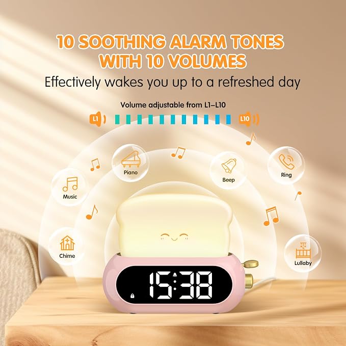 Cute Digital Clock for Bedrooms, Kids Alarm Clocks with Night Light Lamp, 10 Alarm Tones, Adjustable Brightness, Nap Timer, Snooze, Power-off Memory, Bedside Clocks for Girls Kids Teens Birthday Gifts - Image 3