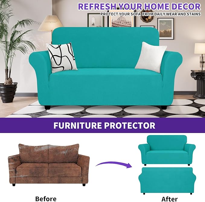 ZNSAYOTX Super Stretch Loveseat Covers (57"-70"), New Striped Love Seat Slipcover, Dogs Pet Friendly Anti-Slip Couch Protector Spandex Durable 2 Seater Fabric Sofa Cover (Loveseat, Peacock Teal)