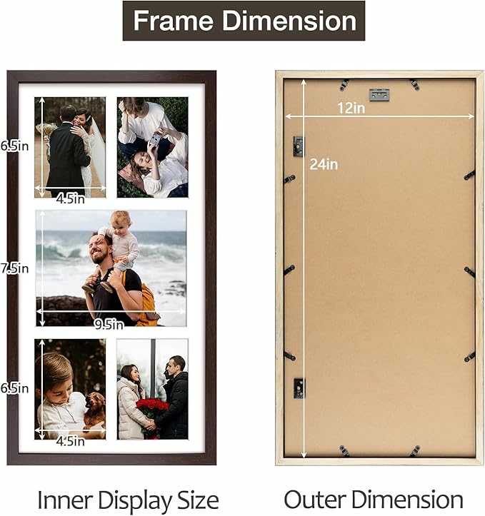 Golden State Art 12x24 Dark Brown Wood Picture Frame - White Mat for 8x10 and 5x7 Photos - Real Glass, Sawtooth Hanger, Swivel Tabs - Wall Mounting - Great for Posters, Weddings, and Engagements