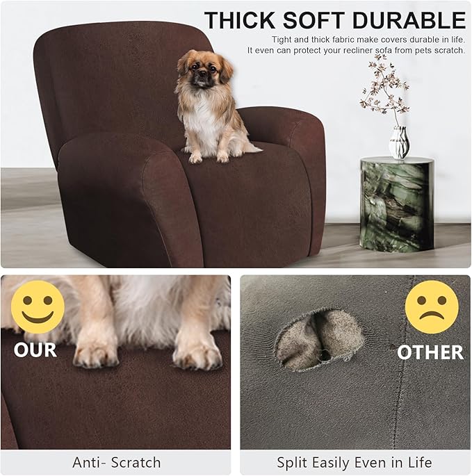 ANARACHON Leather Look Recliner Chair Covers, 4 Pieces Recliner Covers Non Slip, Soft Cover for Reclining Chair, Washable Furniture Protector for Pets (1 Seater, 024 Chocolate)