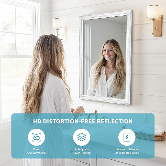 White Wood Effect Framed Wall Mirror, 20x30 Rectangle Mirror, Anti-desilvering Tempered Glass, Sustainable& Sturdy Frame, Farmhouse Mirror, Anti-Rust, 3min Fast Setup for Bathroom Living Room