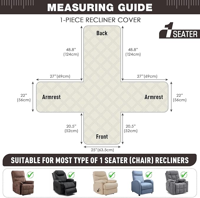TAOCOCO 100% Waterproof Recliner Chair Covers, Non Slip Recliner Covers for Recliner Chair with Pocket, Washable Reclining Chair Cover Furniture Protector for Kids,Dogs(25'', Coffee)