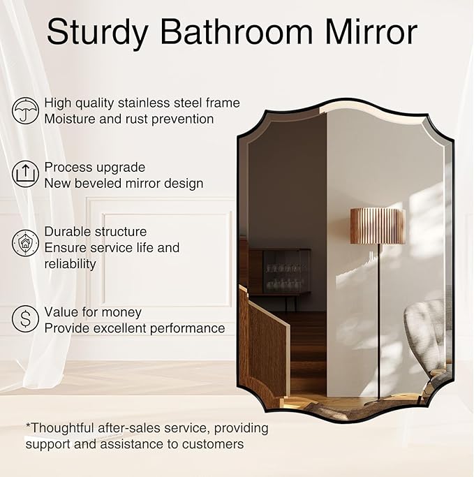 POZINO Scalloped Beveled Mirror, 24"x36" Rectangle Bathroom Vanity Mirror for Over Sink, Modern Aesthetic Wavy Shaped Wall Mirrors for Living Room Bedroom Entryway, Horizontal or Vertical Hanging