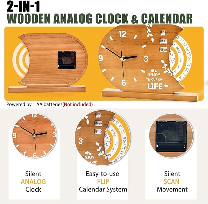 2-in-1 Natural Wood Desk Clock & Calendar - Battery Operated Silent Non-Ticking Analog Table Clocks Perpetual Calendar for Office, Bedroom, Study, Bedside - Vintage Home Shelf Desktop Decor