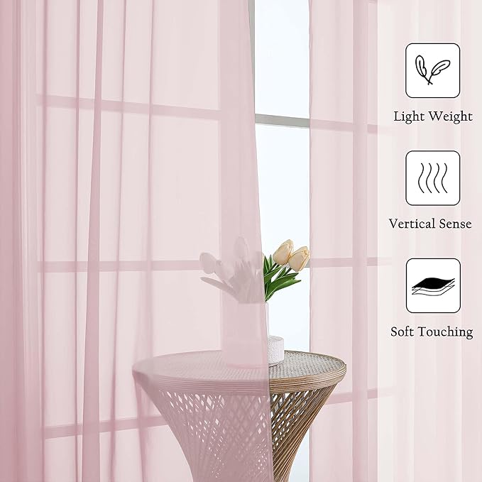 Lecloud Blush Pink Sheer Curtains 108 Inches Long 2 Pcs, Dual Rod Pocket Home Decor Living Room Curtains for Bedroom, Light Filtering Airy Voile Solid Elegant Drapes, Each Panel 59" W x 108" L
