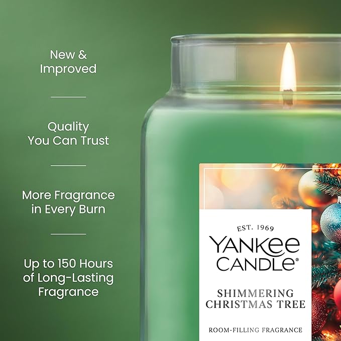 Yankee Candle Shimmering Christmas Tree, Christmas Scented Candle, 22oz Large Jar with up to 150 Hour Burn Time, Giftable, Holidays