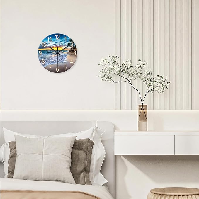 Palm Tree Clocks Battery Operated 12 Inch Glass Blue Wall Clock Non Ticking Beach Wall Clock for Bedroom