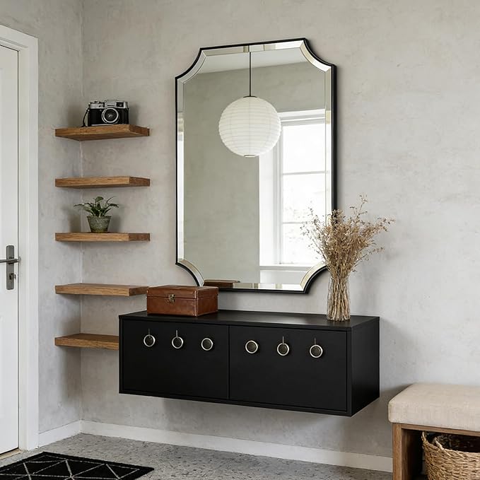 POZINO Modern Beveled Mirror, 24"x36" Bathroom Vanity Mirror for Over Sink, Matte Black Rounded Corner Rectangle Wall Mirrors for Living Room Bedroom Entryway, Horizontal or Vertical Hanging