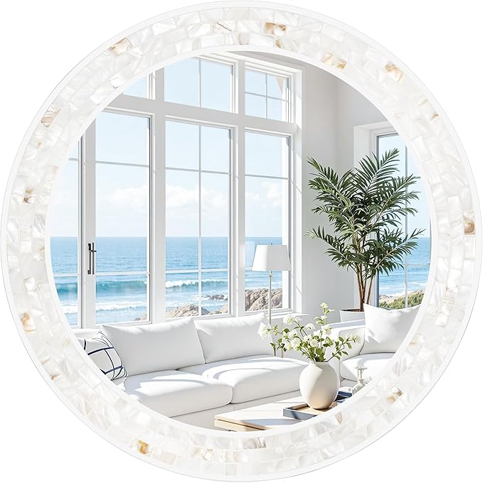 Tanmicoshomy Round Wall Mirror 24 Inch,Circle Mosaic Mirror with Natural Mother of Pearl and Wood Frame, Decorative Coastal Round Wall Mirror for Bathroom Bedroom Living Room Entryway