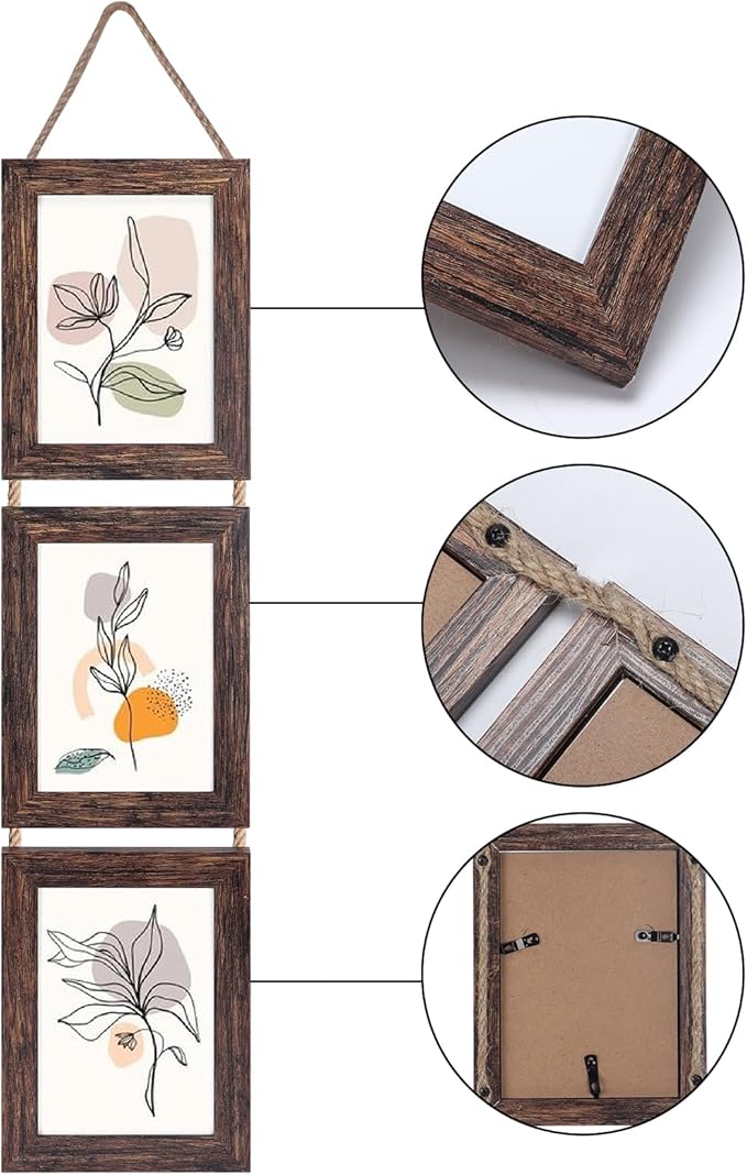Lavezee Wall Hanging 5x7 Picture Frames Set of 2, Vertical Collage Distressed Brown Triple Frame Made to Display 5 by 7 inch Photo for Wall Decor