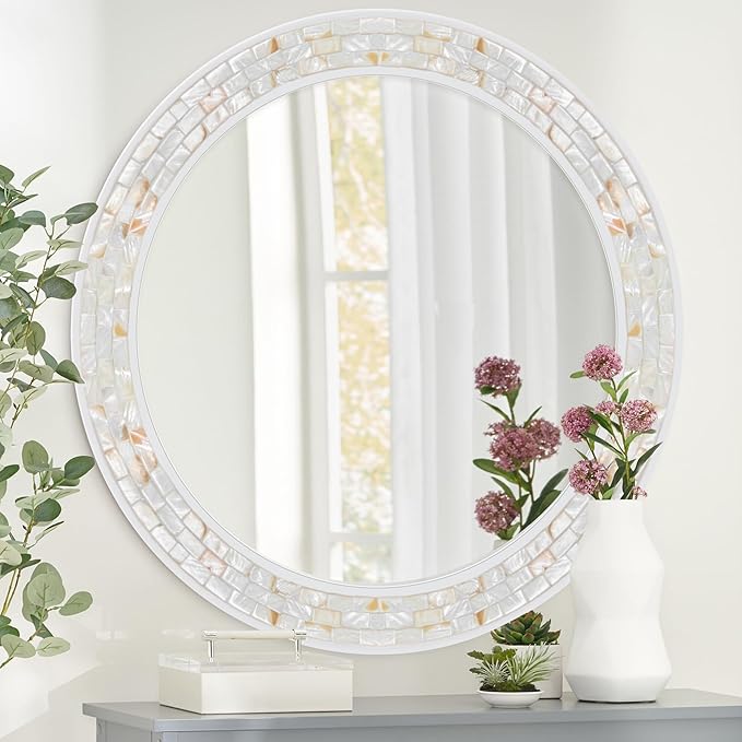 Tanmicoshomy Round Bathroom Mirror 28 Inch,Circle Mosaic Wall Mirrors with Natural Shell Frame, Decorative Coastal Mirrors for Bathroom Bedroom Living Room or Entrayway