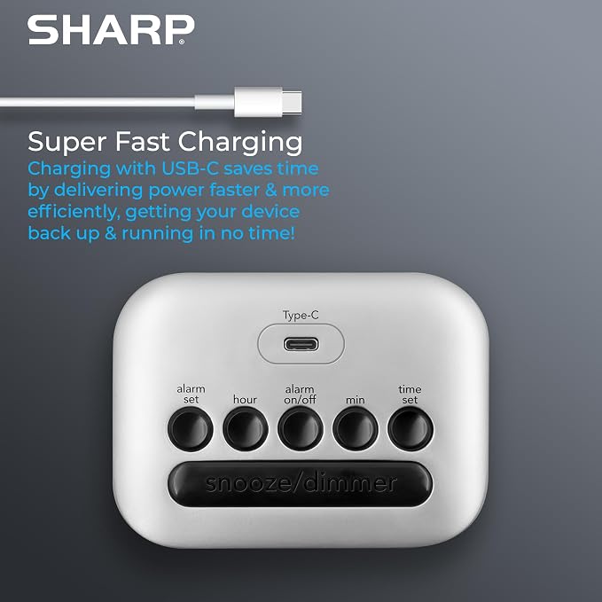 Sharp Digital Alarm Clock with Super Fast USB-C Charge Port & Green LED Display - Image 3