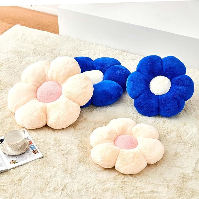 Kcvvcr Beige Flower Pillow, Cute Decorative Flower Shaped Throw Pillow with Faux Rabbit Fur, 19.6" Soft Daisy Plush Floor Cushion Aesthetic Room Decor for Bed Sofa Couch