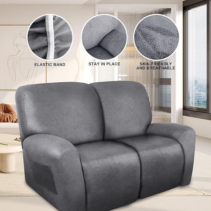 ANARACHON Loveseat Recliner Cover Leather Look Recliner Loveseat Covers Recliner Sofa Cover for 2 Seater Reclining Couch Spandex Fabric Washable 6 Pieces (2 Seater, 01 Light Grey)