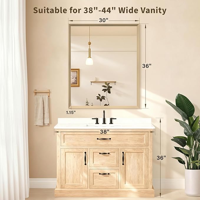 Oak Wood Effect Framed Wall Mirror, 30x36 Rectangle Mirror, Anti-desilvering Tempered Glass, Sustainable& Sturdy Frame, Farmhouse Mirror, Anti-Rust, 3min Fast Setup for Bathroom Living Room