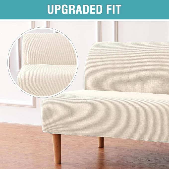 H.VERSAILTEX Armless Futon Cover Stretch Sofa Bed Slipcover Protector Elastic Feature Rich Textured High Spandex Small Checks Jacquard Fabric Futon Cover, Machine Washable, Cream