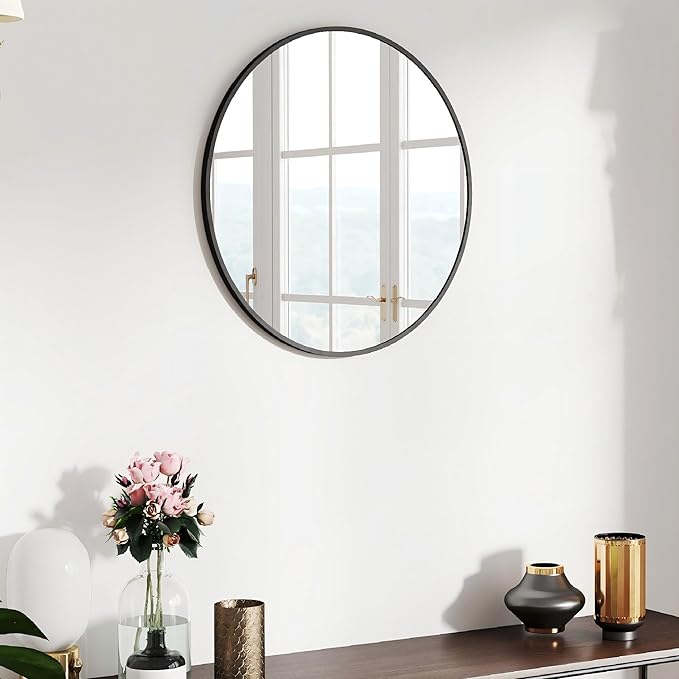 SCWF-GZ 20" Round Mirror Circle Wall Mounted Hanging or Against Wall Metal Frame Dressing Make-up Mirrors for Entryway Bedroom Bathroom Living Room 20 inch Black