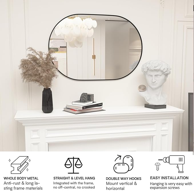 2 Piece Oval Bathroom Mirror Capsule Wall Vanity Mirror, 20"x30" Pill Mirrors Wall Mounted Mirror, Large Modern Mirror with Black Metal Frame, Decor for Entryway, Bedroom, Living Room
