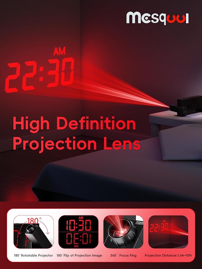 Mesqool Digital Projection Alarm Clock with Dual Alarms, 5 Levels Dimmer | 180° Rotatable Projector,12/24H & DST, Large LED, Snooze, with Battery Backup, Loud Alarm Perfect for Heavy Sleepers - Image 4