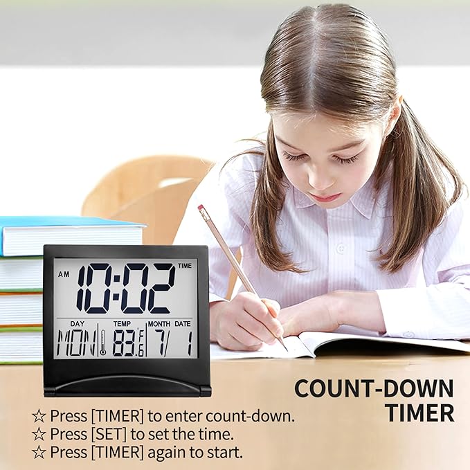 Betus Digital Travel Alarm Clock ?€? Foldable Calendar, Temperature & Timer with Snooze ?€? Large Number Display, Battery Operated ?€? Compact Desk Clock for Home & Office (Black)