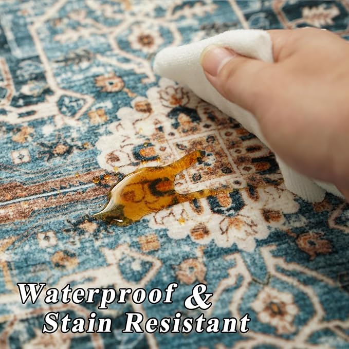 Washable 10x14 Area Rugs - Large Rugs for Living Room Stain Resistant Carpet Vintage Rugs for Bedroom with Non Slip Backing Home Decor Floor Decoration Mat 10x14 Blue