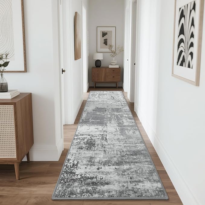 HOMORE 2x8 Runner Rug for Kitchen Hallways Runners Rugs,Grey Long Rug Non Slip Washable Rugs for Entrway Soft Abstract Carpet for Entrance Bedroom Living Room Bathroom