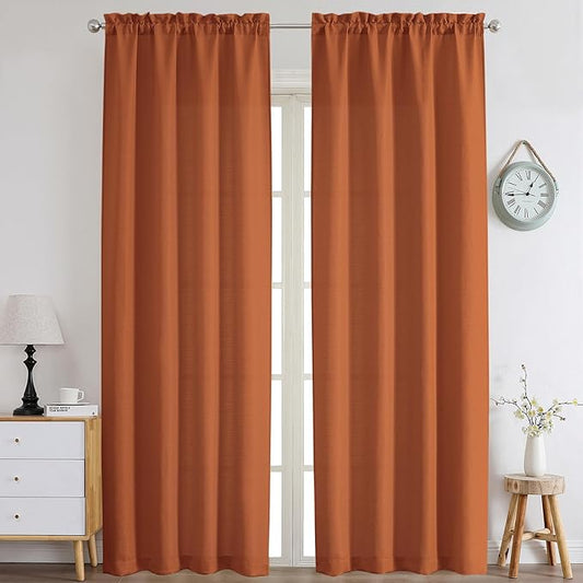 Chyhomenyc Orange Curtains 96 Inch Length 2 Panels, Faux Linen Textured Semi Sheer Airy Light Filtering Soft Privacy Farmhouse Curtain Drapes for Living Room Bedroom, 40Wx96L Inch, Set of 2
