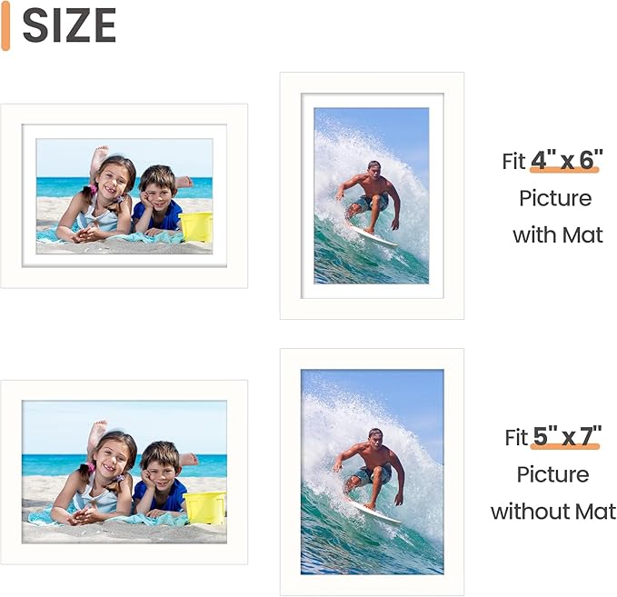 upsimples 5x7 Picture Frame, Display Pictures 4x6 with Mat or 5 x 7 Without, Wall Hanging Photo Frames, White, 1 Pack
