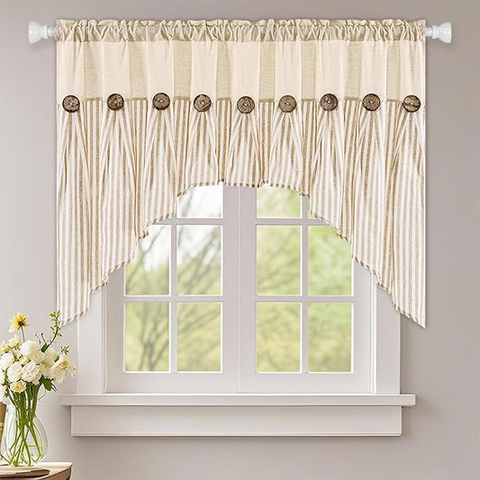 ASPMIZ Farmhouse Cotton Linen Swag Valances for Windows, Boho Kitchen Curtains Valances with Rustic Buttons, Khaki Striped Window Treatments Curtain Valance for Bathroom Cafe, 61 x 36 Inch, 1 Panel