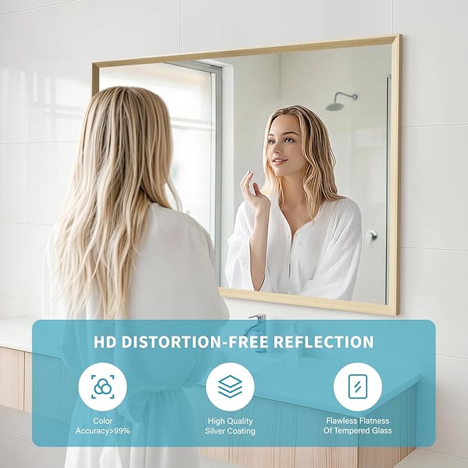 Oak Wood Effect Framed Wall Mirror, 30x40 Rectangle Mirror, Anti-desilvering Tempered Glass, Sustainable& Sturdy Frame, Farmhouse Mirror, Anti-Rust, 3min Fast Setup for Bathroom Living Room