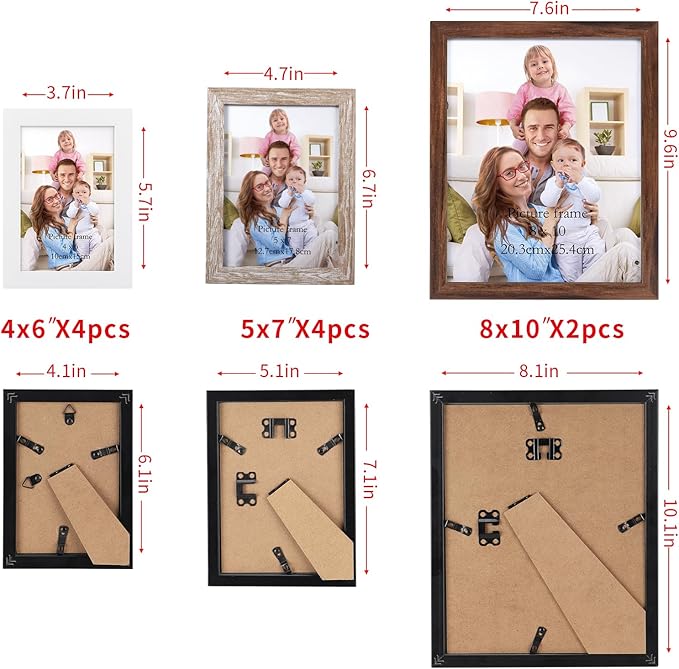 Giftgarden 4 Colors Picture Frames for Multiple Sizes Photos, Four 4x6, Four 5x7, Two 8x10, Assorted Gallery Frame Collage for Wall or Tabletop, Set of 10