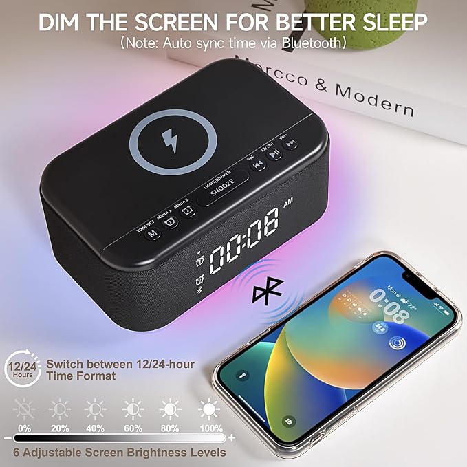 Alarm Clock Speaker Wireless Charger, Digital Alarm Clocks Bedrooms Bluetooth, Alarm Clock Dimmable Light Bedrooms Dual Alarm Snooze Dimmer 12 24H RGB Night Light Bluetooth USB AUX, Black - Image 3