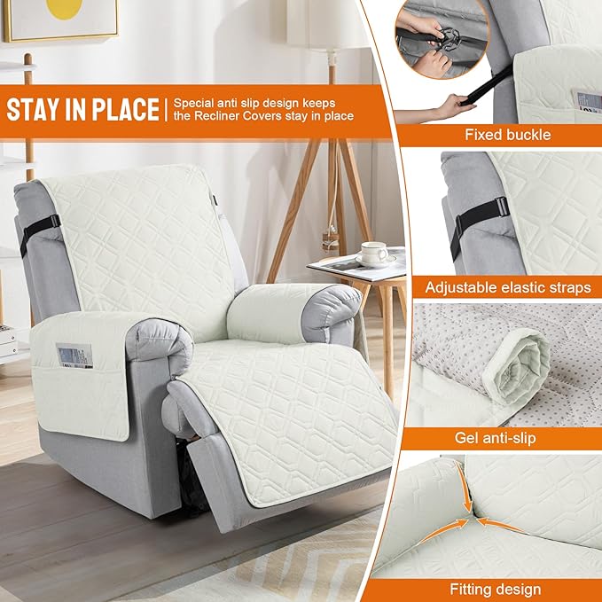 VANSOFY 100% Waterproof Recliner Chair Covers, Recliner Cover Non-Slip Dog Chair Cover Furniture Protector Washable Slipcover with Pocket, Elastic Straps for Pets, Dogs(Off White, 23.6")