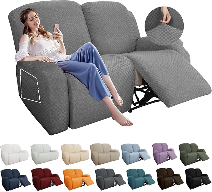 YEMYHOM 6 Pieces Stretch Loveseat Recliner Slipcover Jacquard Recliner Sofa Cover with Side Pocket Fitted Recliner Cover Couch Furniture Protector with Elastic Bottom (Loveseat Recliner, Light Gray)