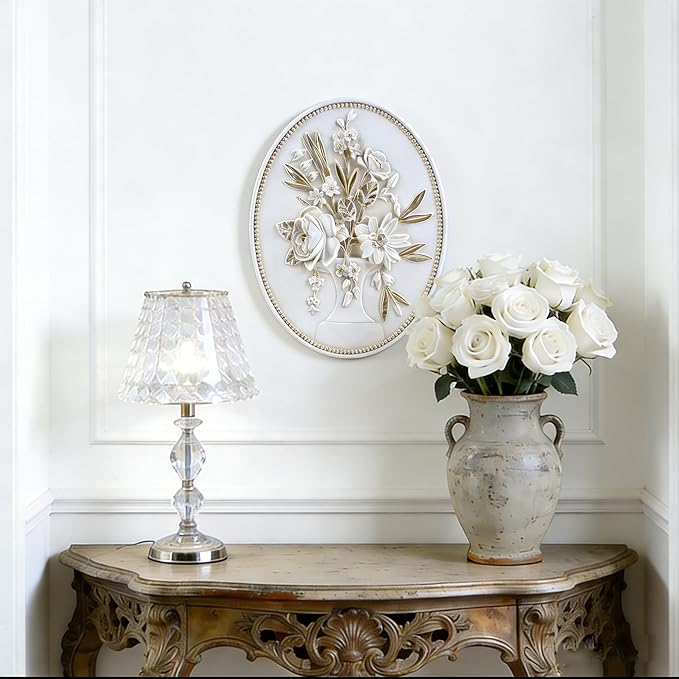 SIKOO Vintage Wall Sculptures White Flower Wall Art Hand Painted Ornate Wall Hanging Decoration Antique Pediment Wall Statue Ornament Decor Gallery for Kitchen Bedroom Living Room