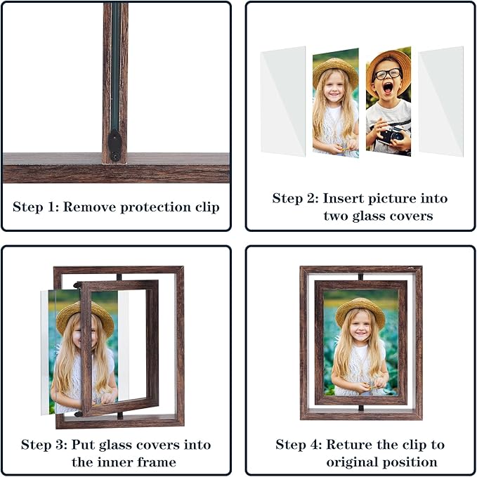 EXYGLO 2 Pack 4X6 Picture Frames Rotating Floating Photo Frame Wooden 2 Sided Frames for Vertical or Horizontal Tabletop Display
