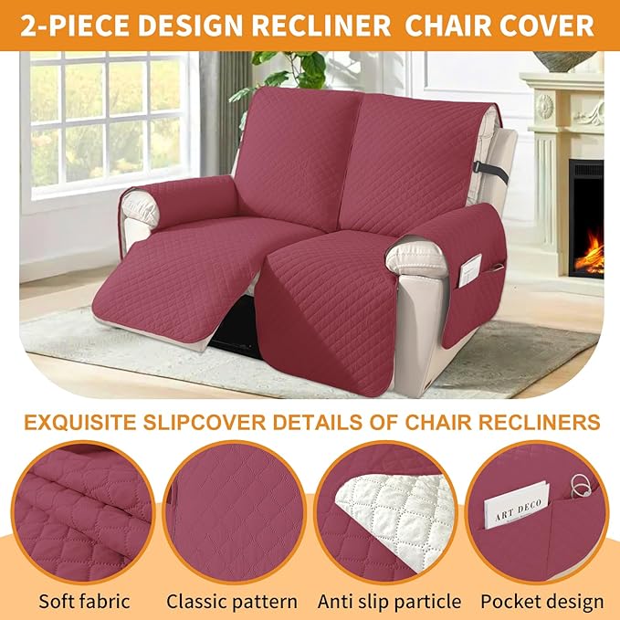 XINEAGE Clearance Waterproof Recliner Cover, 2 seat Recliner Loveseat Covers with Pockets, Thick Recliner Protector Cover for Dog Pets with Non Slip Backing and Strap (Recliner Loveseat, Red)