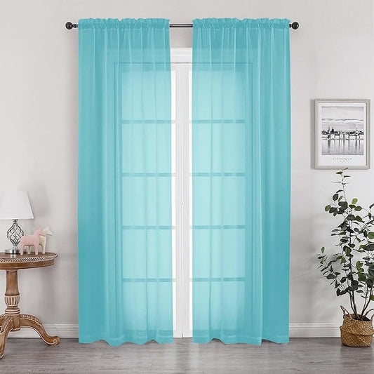 OWENIE Aqua Sheer Curtains 84 Inches Long for 2 Panels Set, Solid Light Filtering Voile Sheer Curtains for Living Room Bedroom, Modern Rod Pocket Aqua Curtain, 2 Pcs Total 84 Width 84 Long