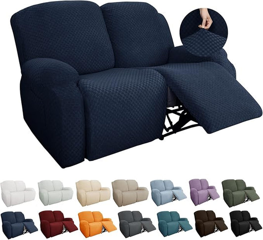 YEMYHOM 6 Pieces Stretch Loveseat Recliner Slipcover Jacquard Recliner Sofa Cover with Side Pocket Fitted Recliner Cover Couch Furniture Protector with Elastic Bottom (Loveseat Recliner, Navy)