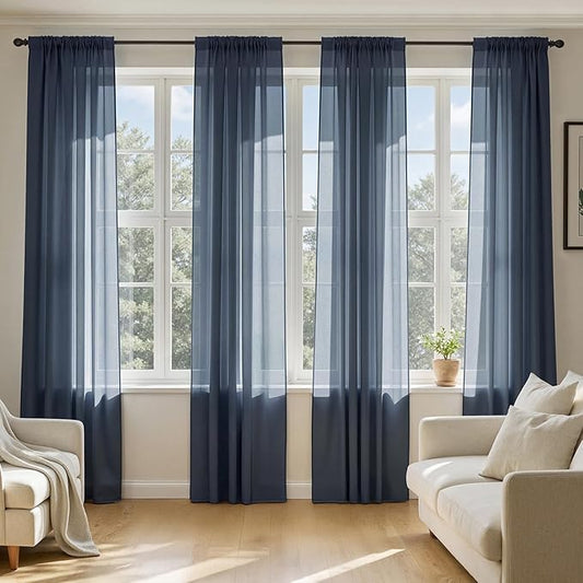 MIULEE Navy Blue Sheer Curtains 84 Inches Long, 4 Panels Set, Light Filtering Rod Pocket Voile Drapes Window Treatments, Semi Transparent Airy Fabric for Bedroom and Living Room, 54 x 84 Inches