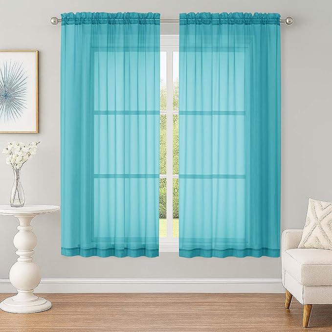 OWENIE Sheer Curtains 63 inch Length 2 Panels Set, Rod Pocket Voile Fimly Sheer Drapes for Living Room/Bedroom, 2pcs, Each 42" W x 63" L???Turquoise Blue