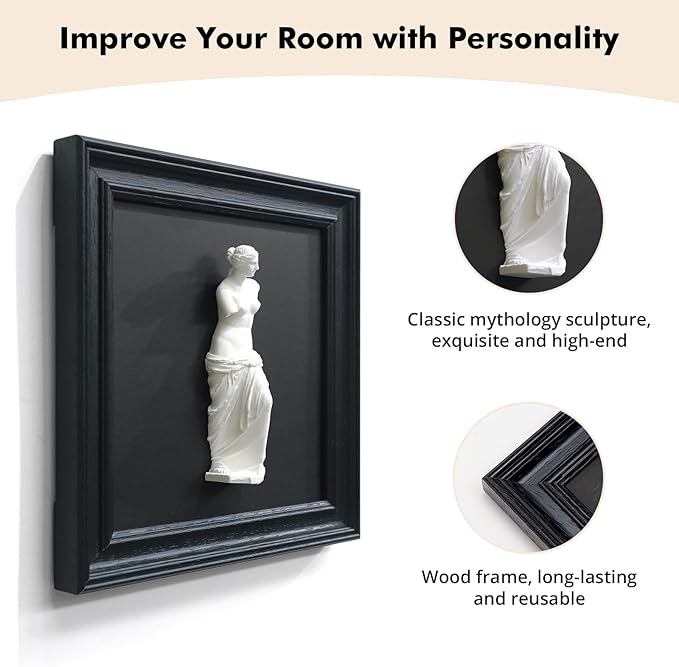 FOLKOR LIFE Framed Black and White Wall Art Sculpture Venus de Milo, Greek Roman Mythology Goddess Aphrodite Statue Framed Plaster Relief Wall Decor for Living Room, Hallway, Entryway Decoration