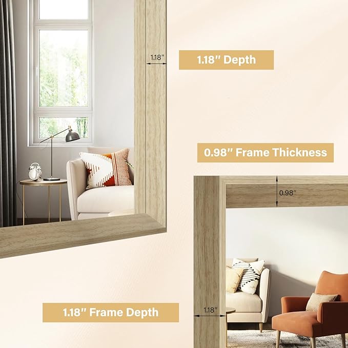 Oak Wood Effect Framed Wall Mirror, 36x36 Rectangle Mirror, Anti-desilvering Tempered Glass, Sustainable& Sturdy Frame, Farmhouse Mirror, Anti-Rust, 3min Fast Setup for Bathroom Living Room