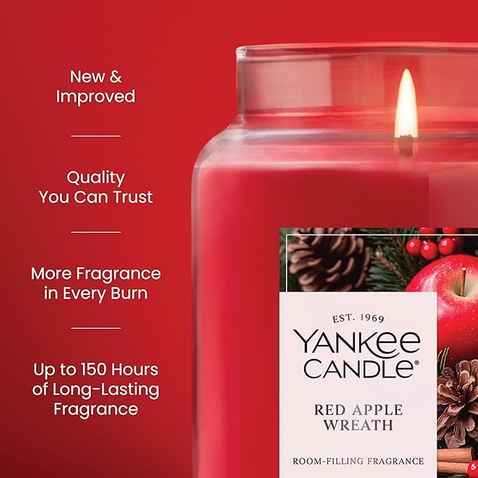 Yankee Candle Red Apple Wreath, Holiday Scented Candle, 22oz Large Jar with up to 150 Hour Burn Time, Giftable