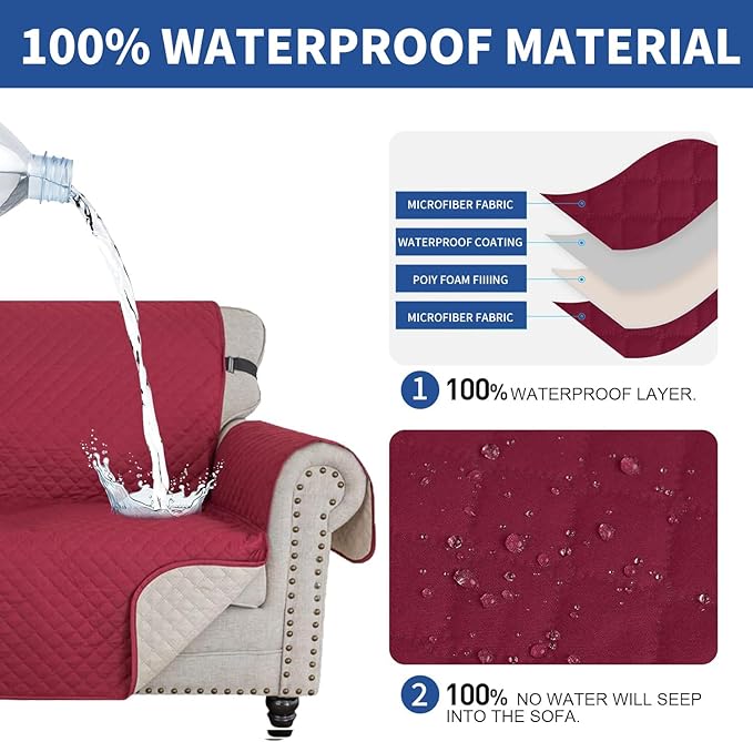XINEAGE Quilted Sofa Cover Waterproof Couch Covers for 3 Cushion Couch, Super Soft Washable Slipcover with Pockets & Non-Slip Elastic Straps, Thick Furniture Protector (Sofa, Red)